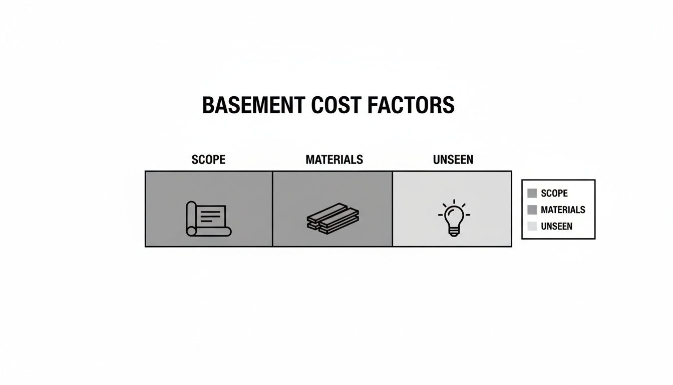 A visual breakdown of basement cost factors, illustrating scope, materials, and unseen expenses with icons.