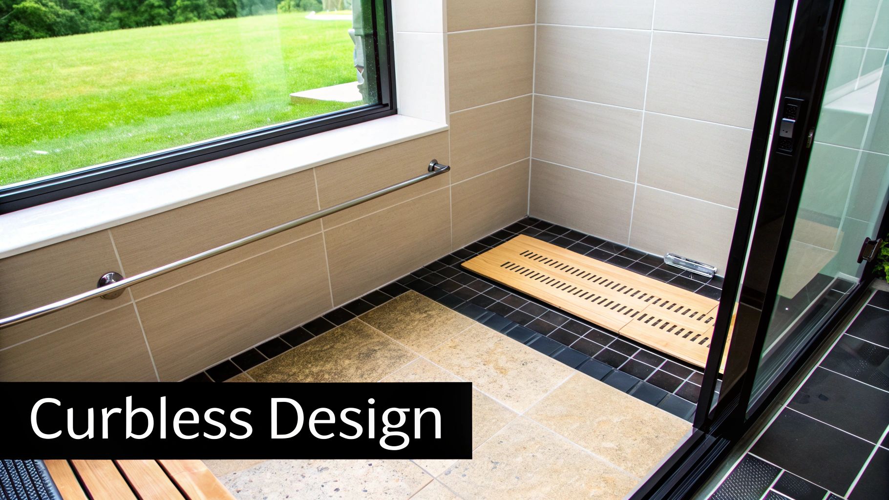 Modern curbless shower with a wooden mat, beige wall tiles, and large window overlooking a lawn.