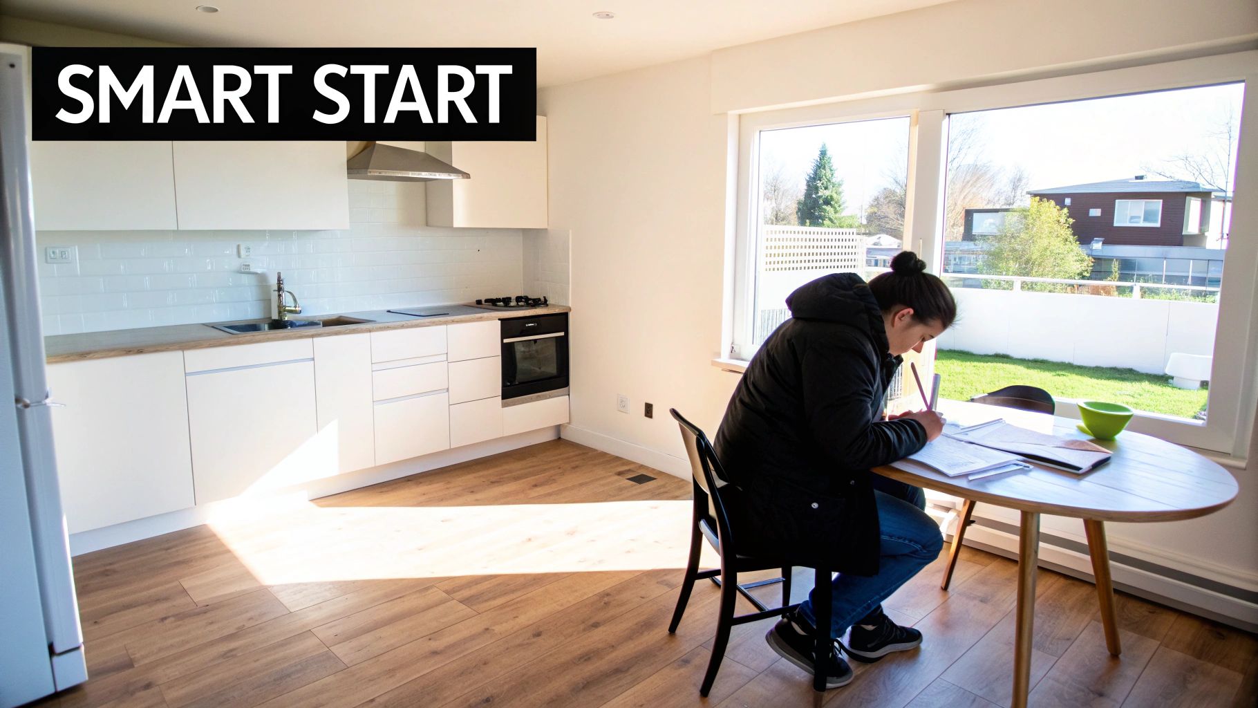 A person studying at a table in a bright, modern kitchen with white cabinets and a large window.
