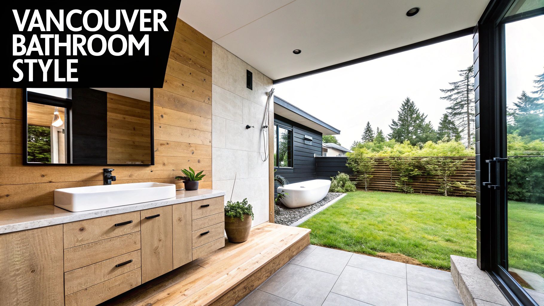 Modern Vancouver bathroom with wood vanity, large mirror, and outdoor shower leading to garden with freestanding tub.