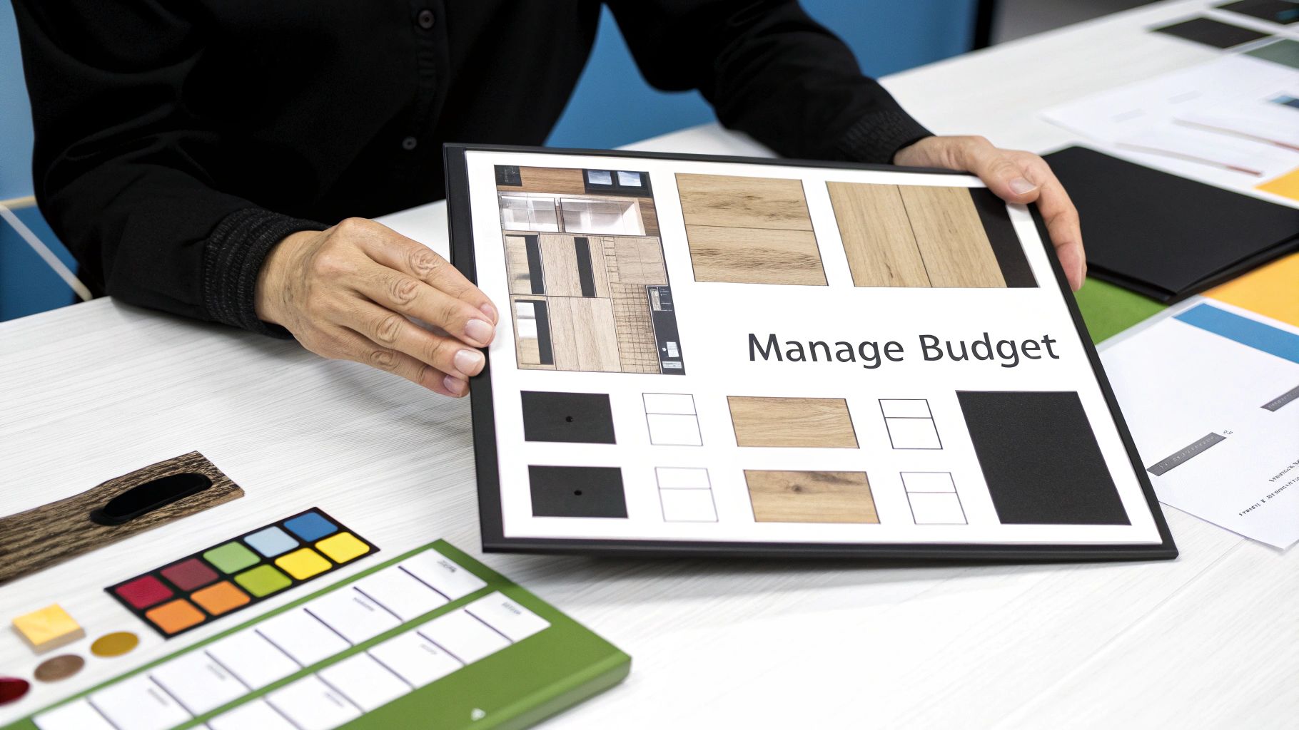 A person holds a design board displaying floor plans, wood samples, and 'Manage Budget' text.