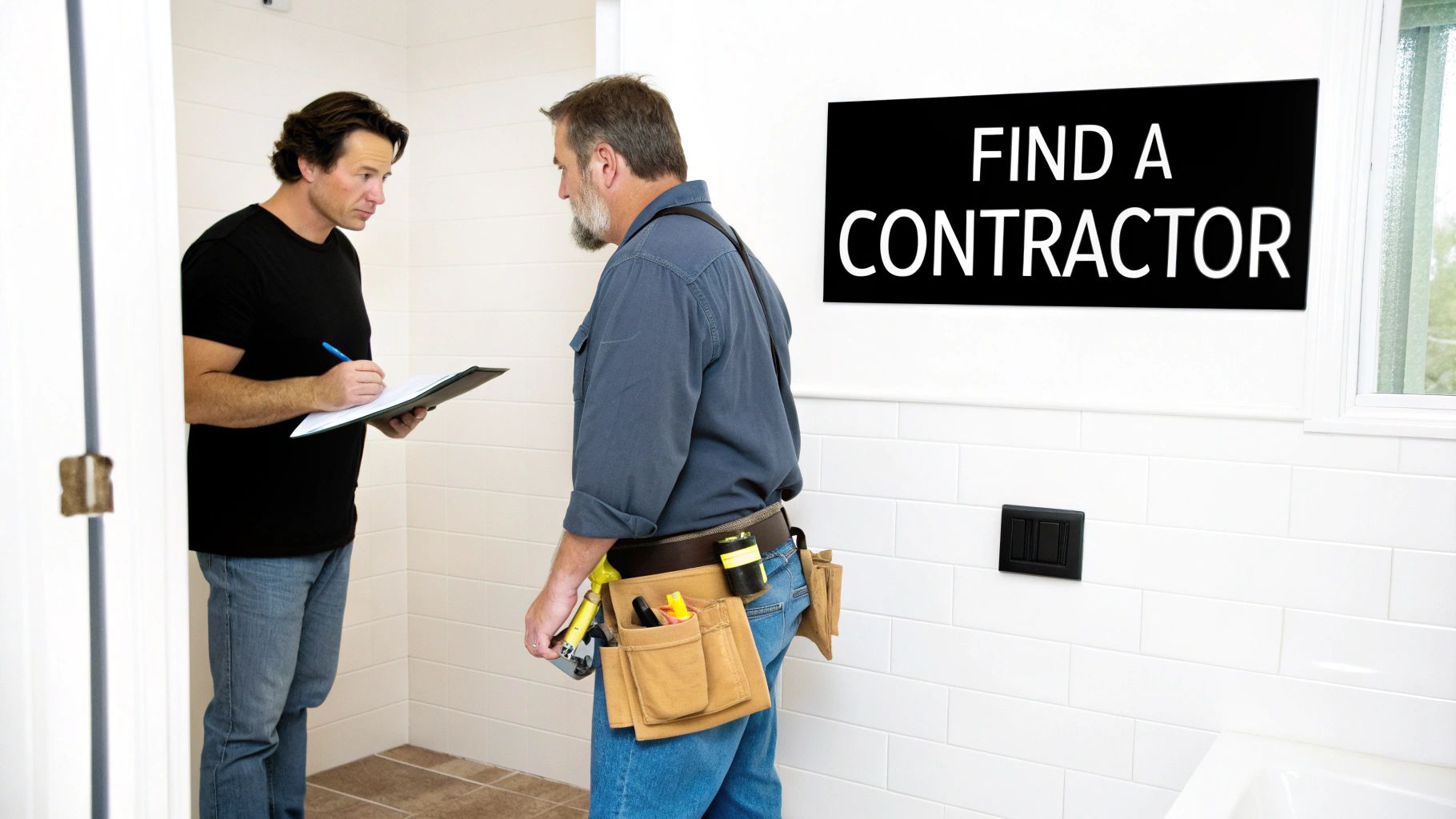 A homeowner discusses bathroom renovation plans with a contractor, taking notes on a clipboard.