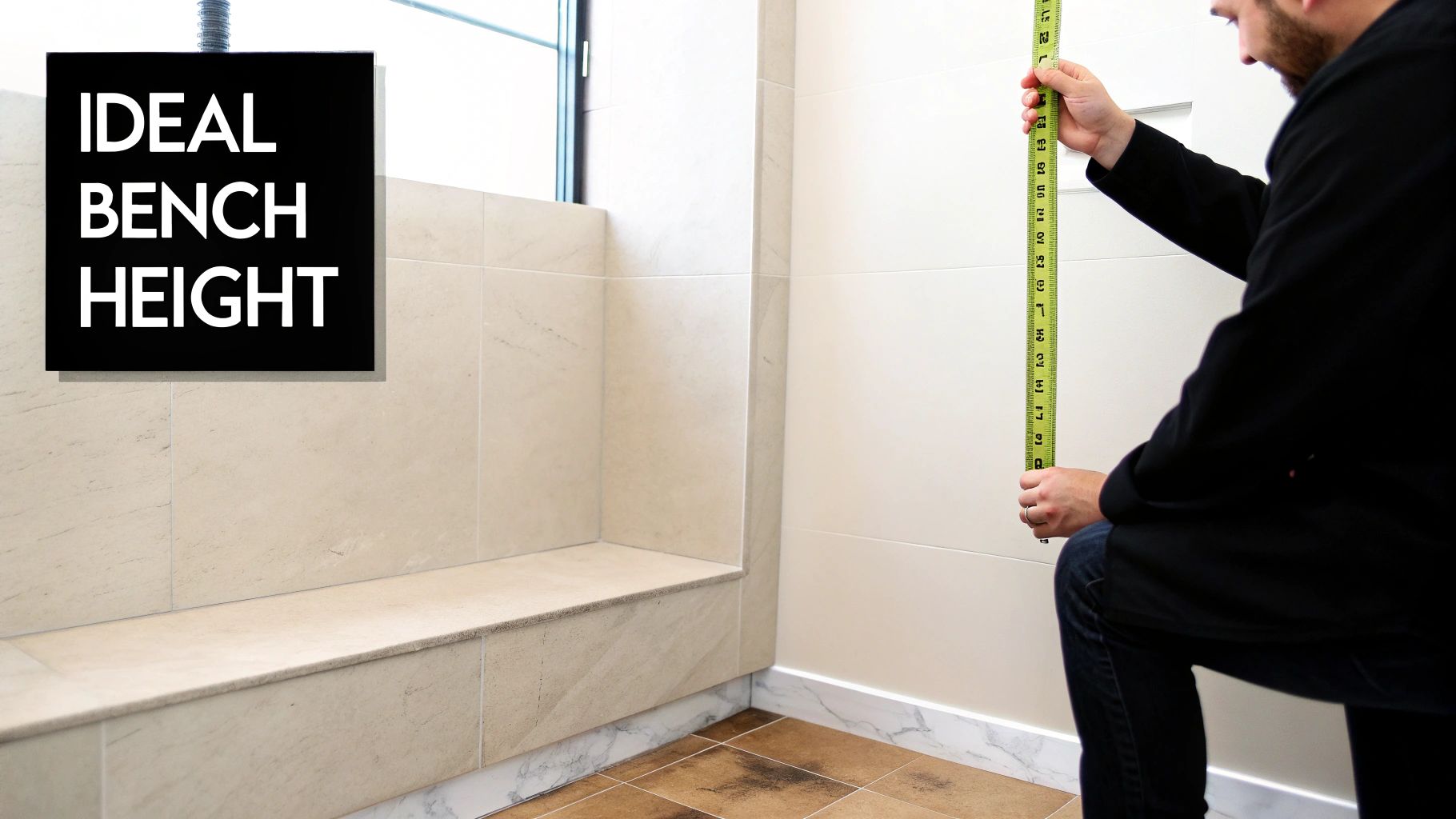 A person measures the ideal height of a tiled shower bench with a tape measure.