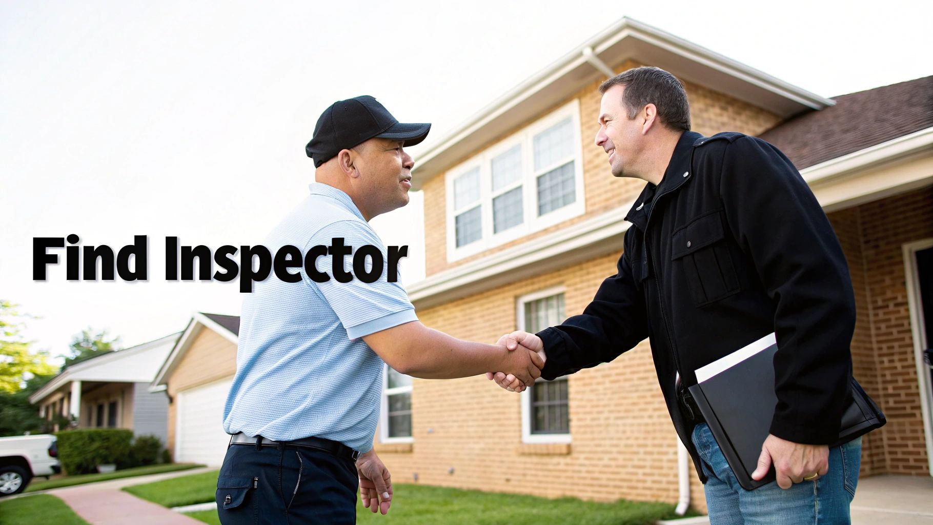 Home inspector and client shaking hands in front of residential property during inspection consultation