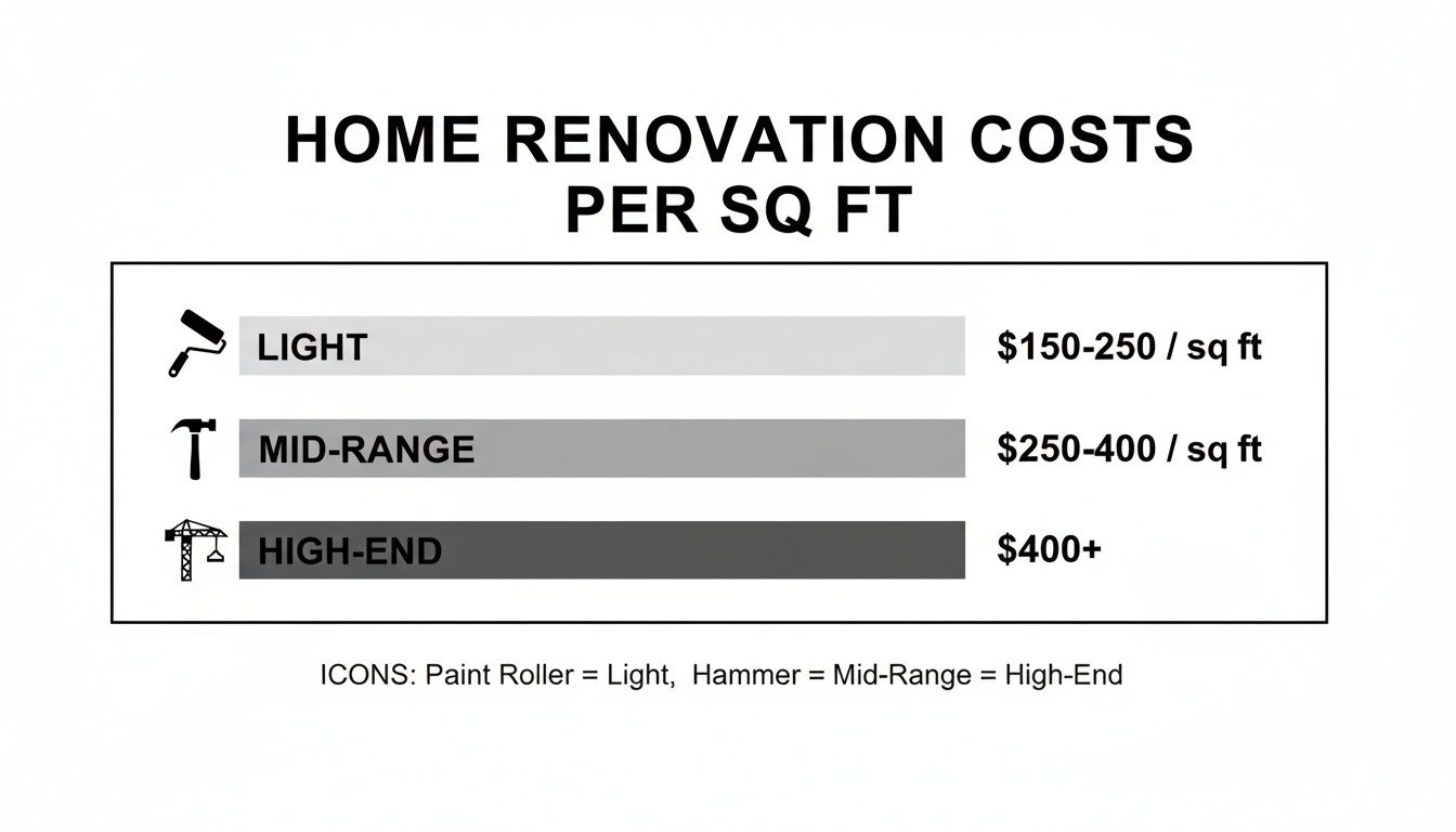 Home renovation costs per square foot for light, mid-range, and high-end projects.