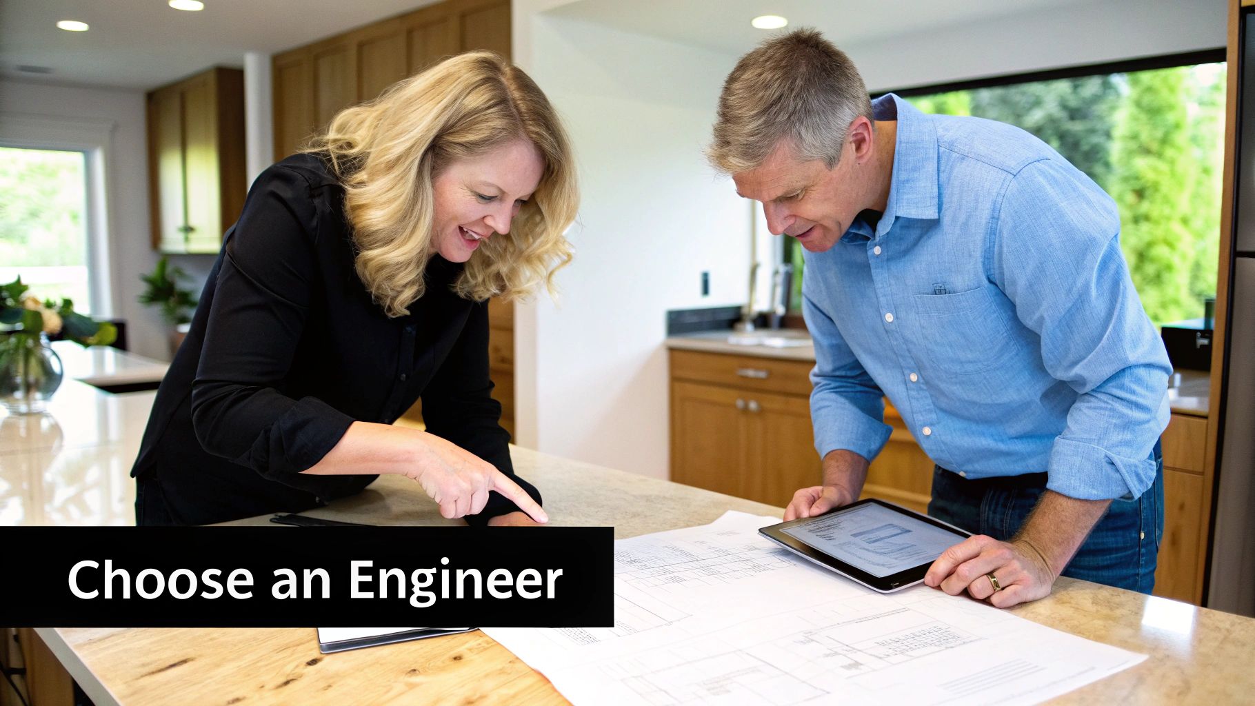 Two people reviewing architectural plans and choosing an engineer