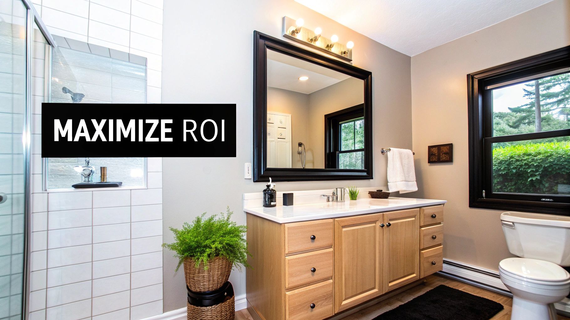 Modern bathroom with light wood vanity, large mirror, tiled shower, and toilet in a clean, neutral space.