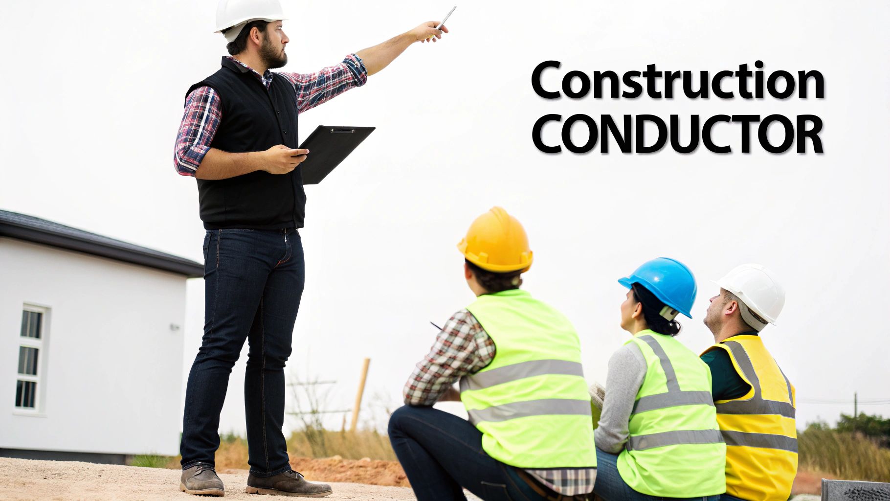 Construction conductor pointing and directing team of workers wearing safety vests and hard hats