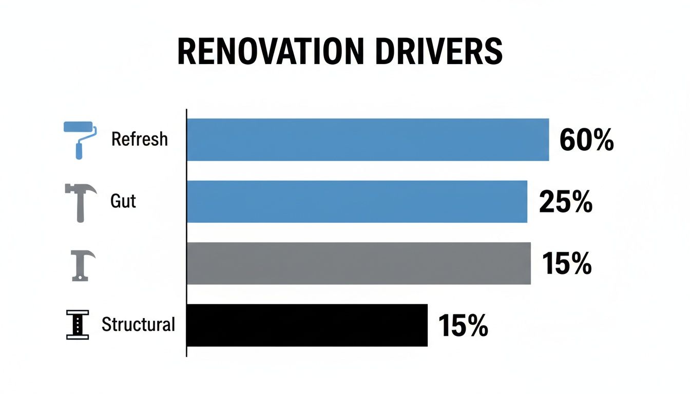 Bar chart illustrating key renovation drivers: Refresh, Gut, and Structural work percentages.