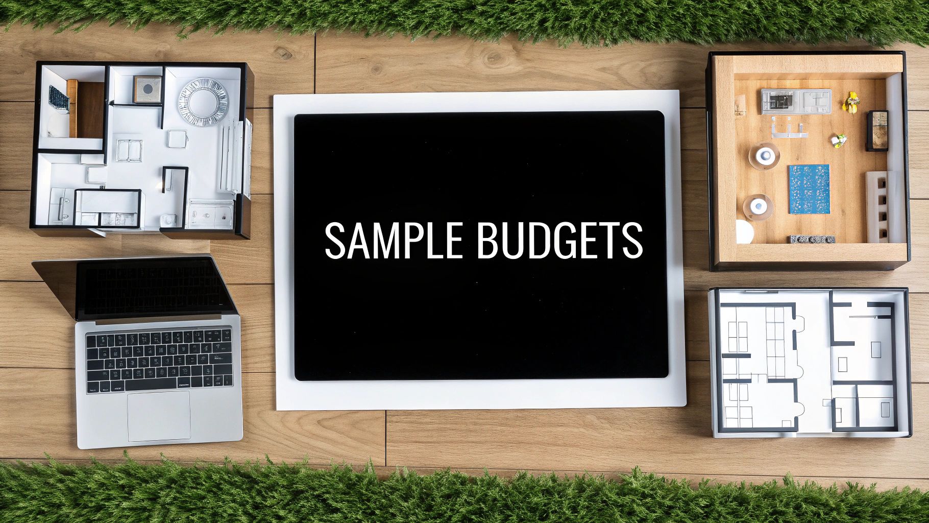 Overhead view of a tablet displaying 'SAMPLE BUDGETS' surrounded by a laptop and house models, representing renovation planning.