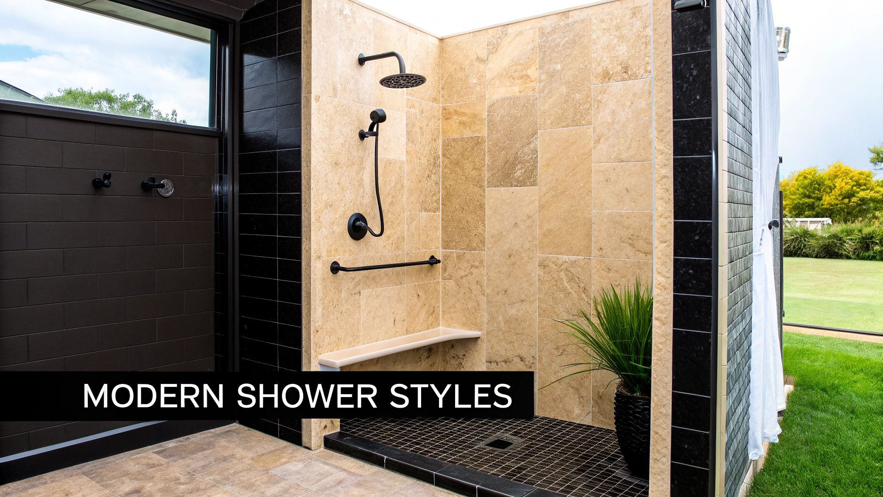 Modern outdoor shower with black and tan tiles, featuring a rain shower, handheld, bench, and plant.