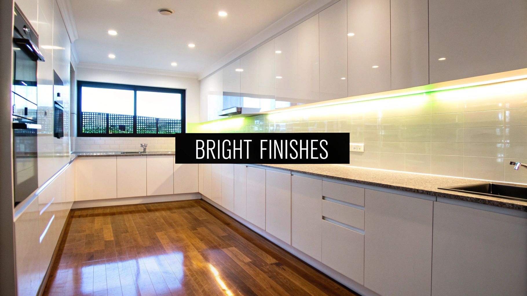 A modern kitchen with bright white cabinets, wooden floor, and green under-cabinet lighting.