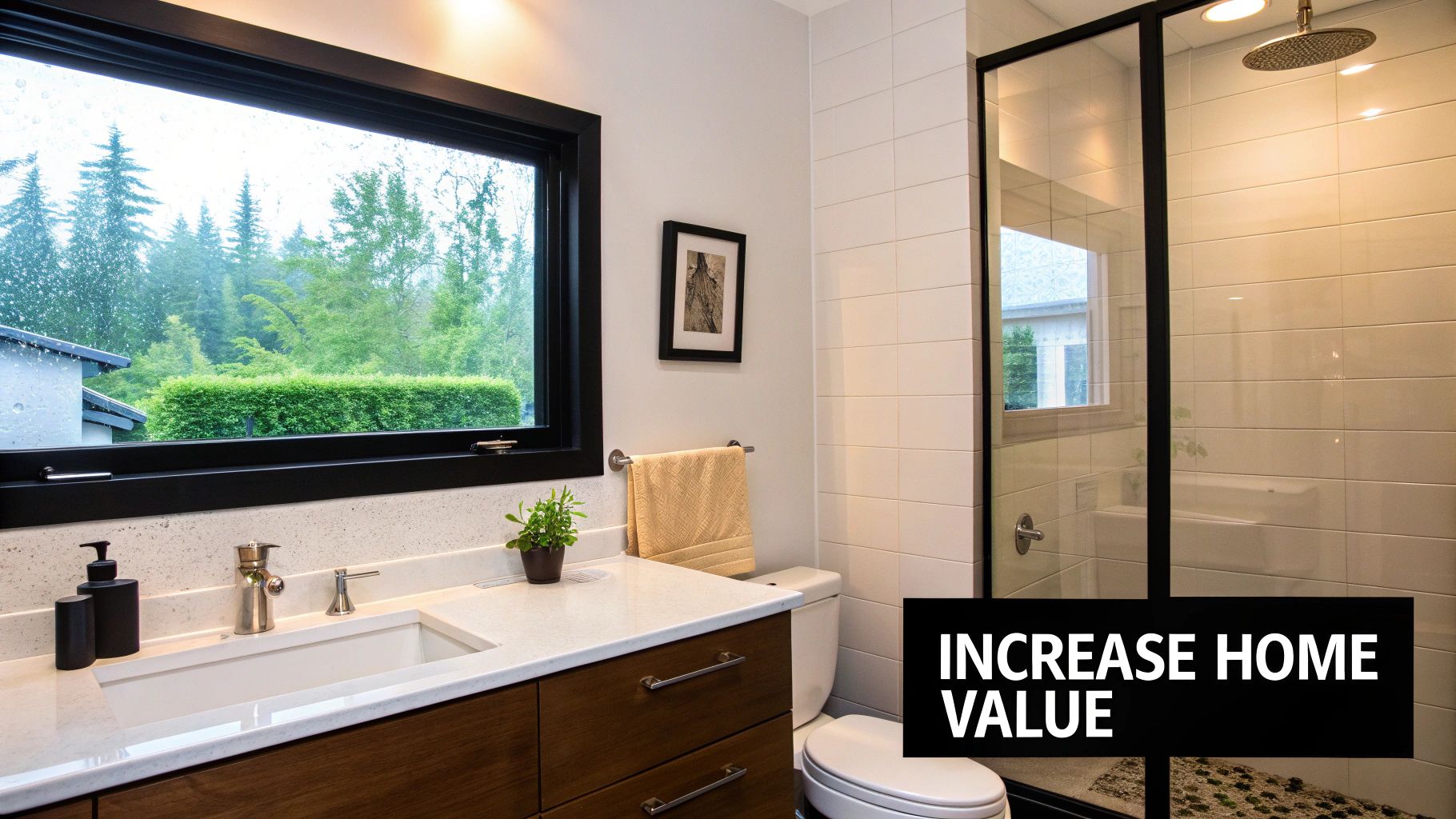 Modern bathroom with a large window, white vanity, and walk-in shower, suggesting a home value increase.