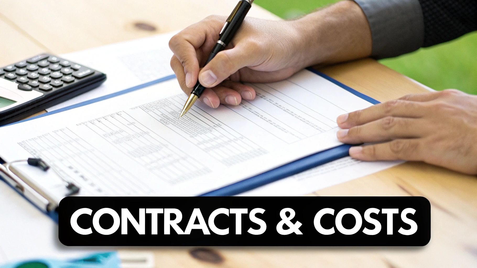 A person's hands are visible, writing on a contract document with a pen, with a calculator and the text 'CONTRACTS & COSTS' overlayed.