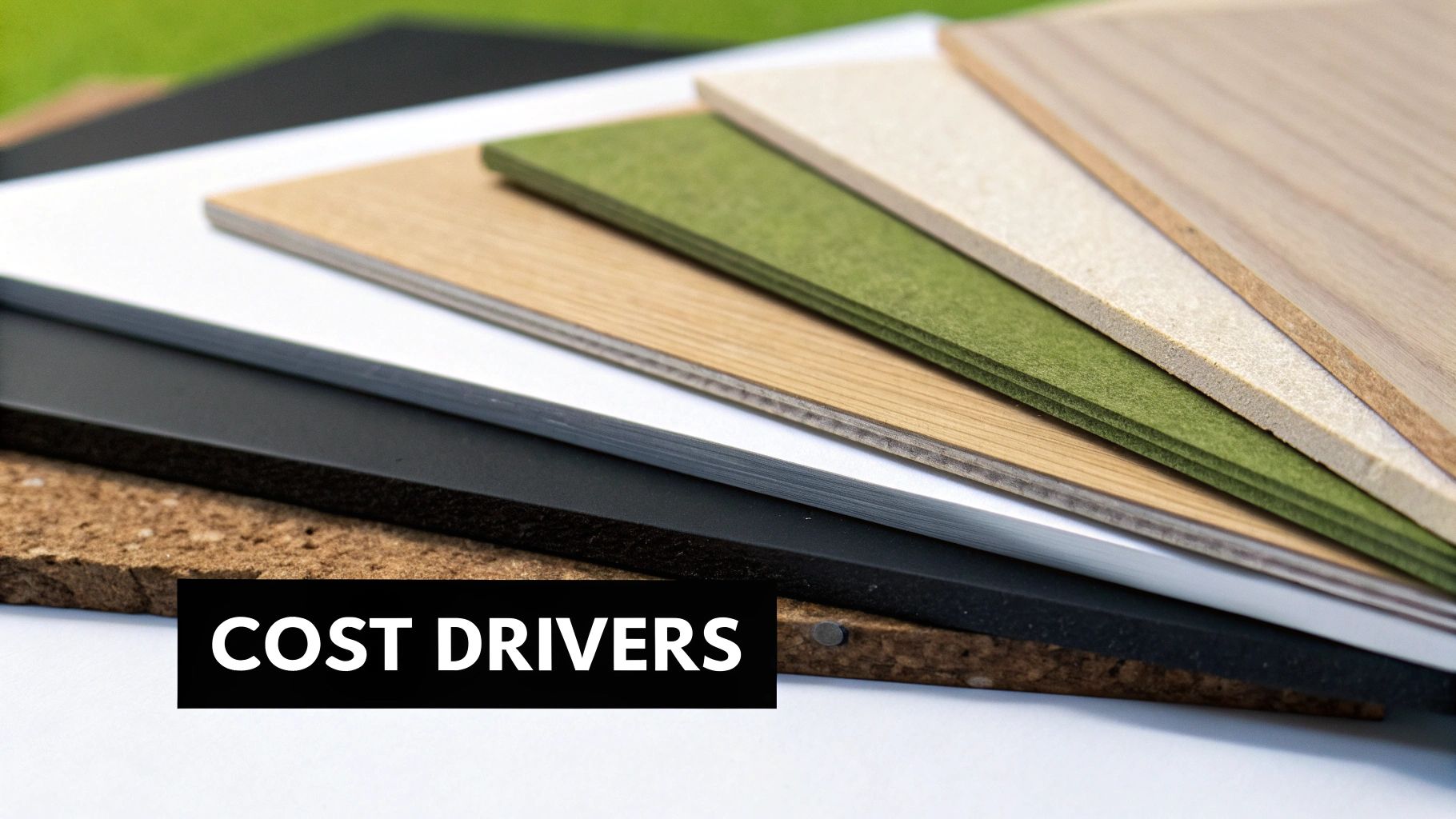 A fanned display of various material samples including wood, cork, felt, and composite boards, illustrating options.