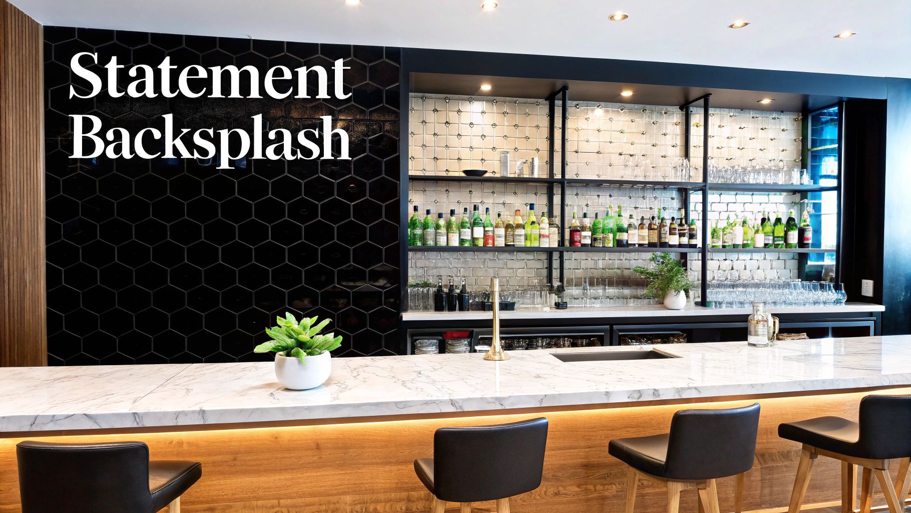 A stylish modern bar area with a black hexagonal tile backsplash, marble counter, and liquor display.