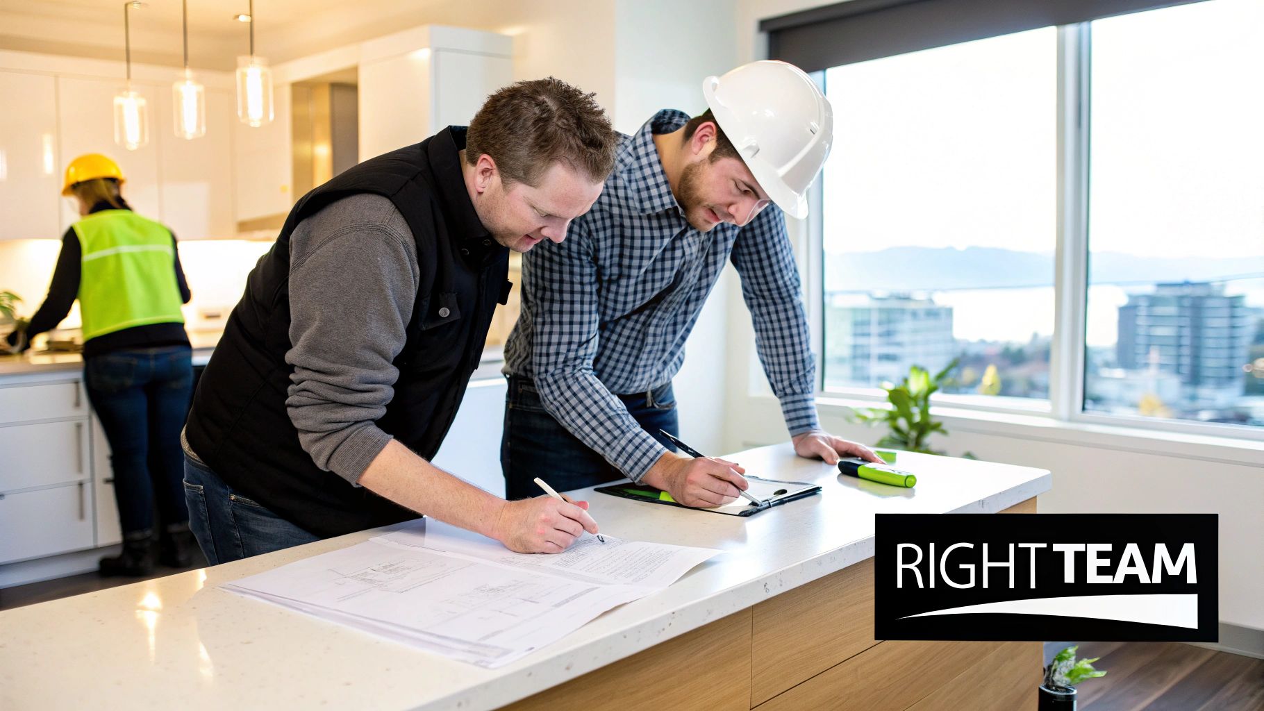 Team of construction professionals planning a kitchen renovation, reviewing blueprints on a counter.