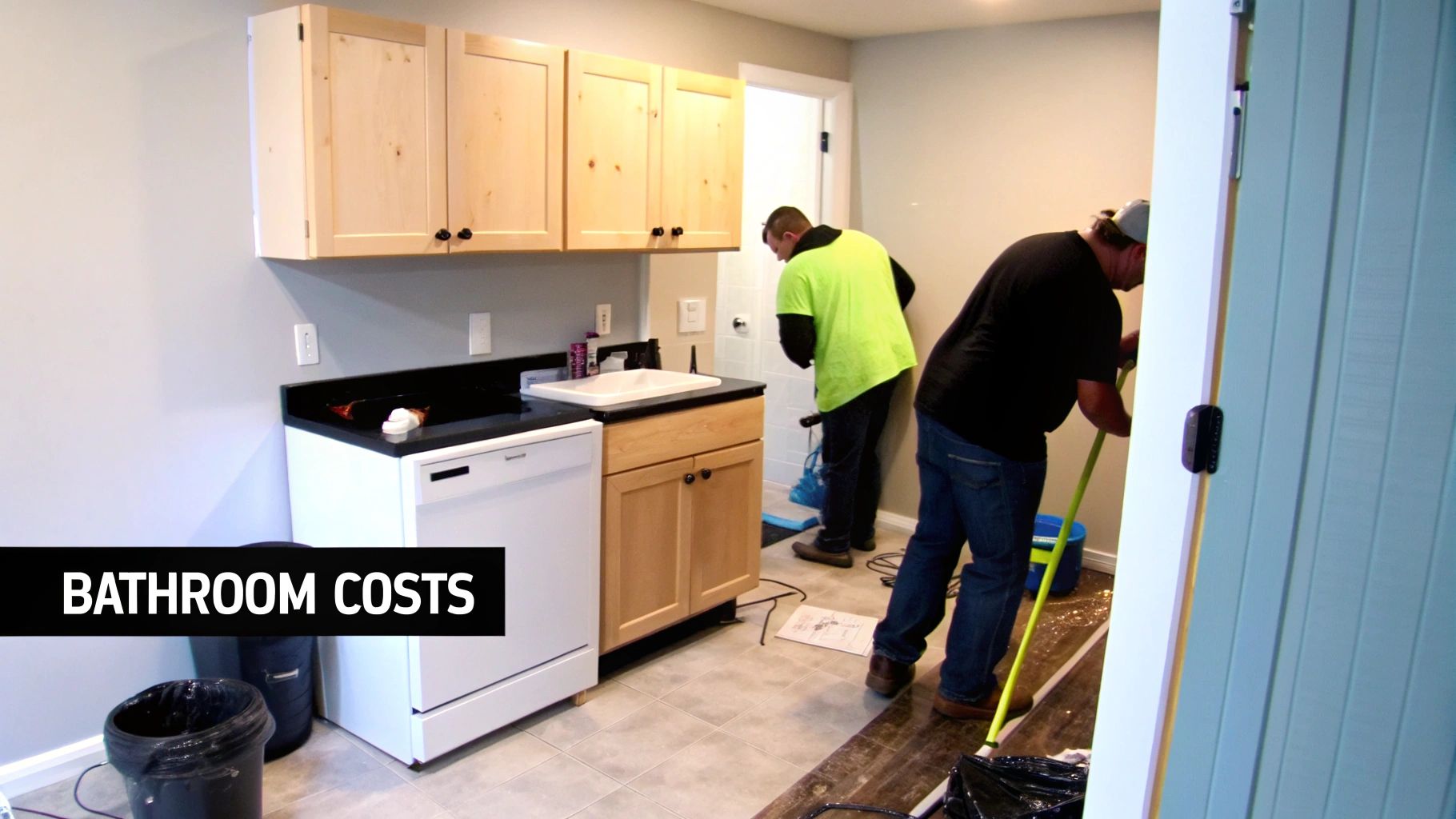 Construction workers finishing a basement bathroom, installing new cabinets, a sink, and sweeping the floor.