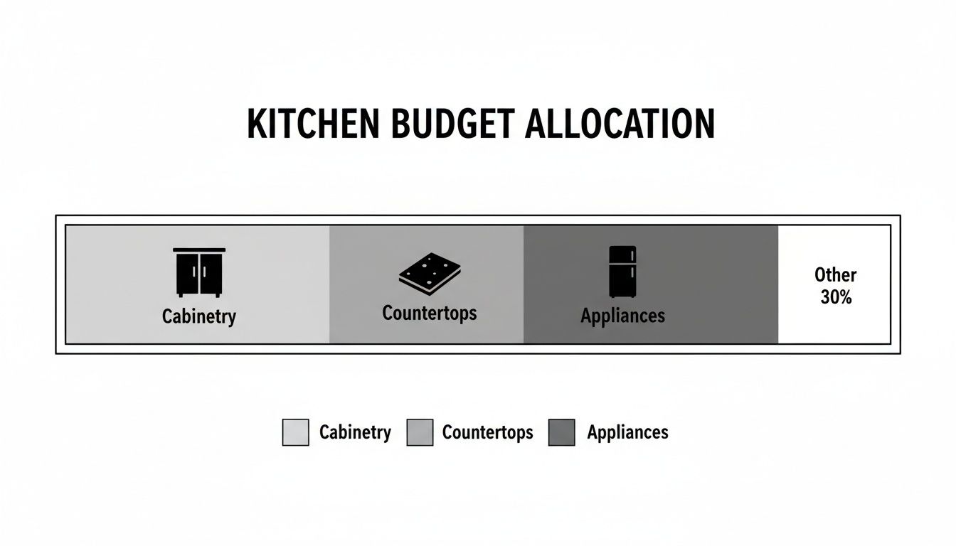 A bar chart showing kitchen budget allocation: Cabinetry, Countertops, Appliances, and 30% Other.