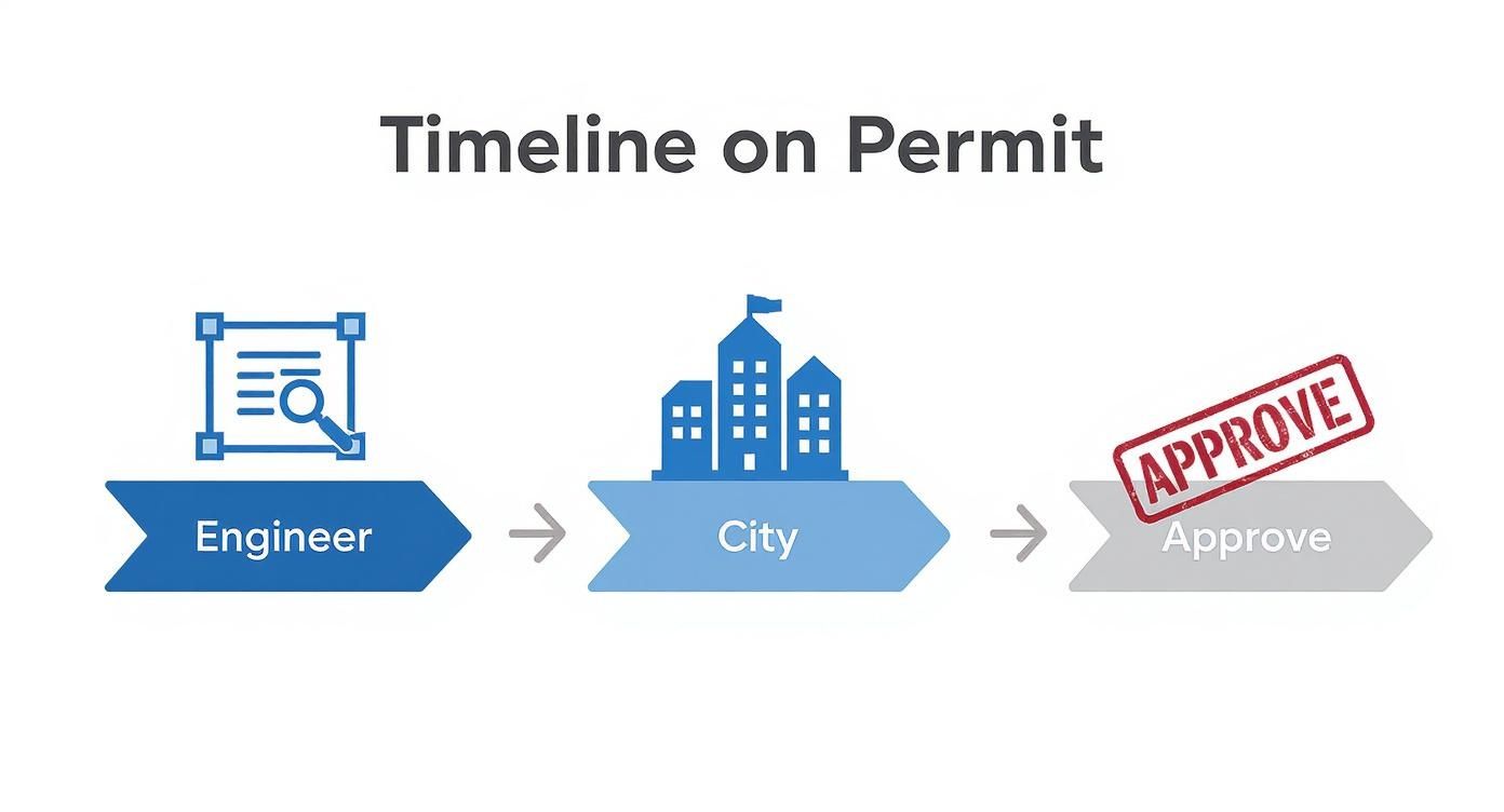 Three-stage permit approval process flowchart showing engineer review, city evaluation, and final approval stages