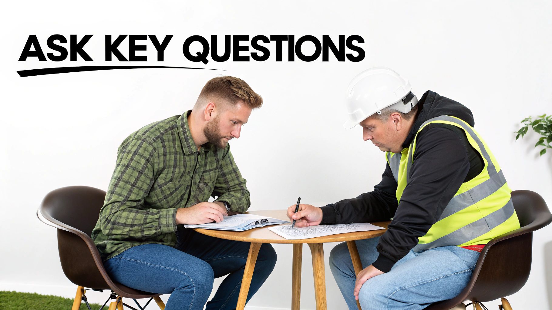 Two men, one a contractor in a hard hat, discuss project plans at a table.