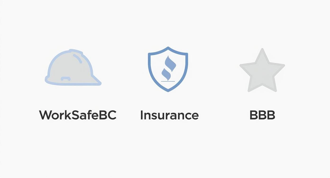 Icons for WorkSafeBC, Insurance, and BBB, indicating business compliance and quality standards.