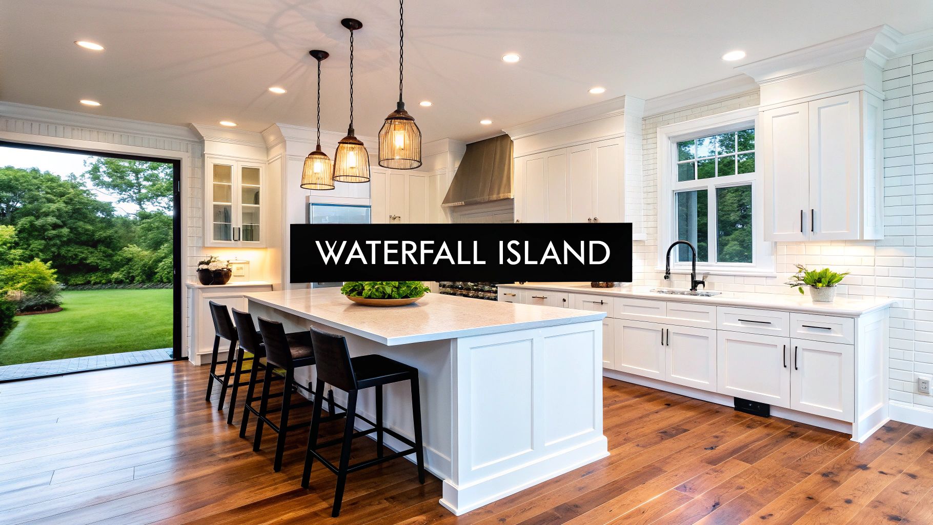 Transitional White Kitchen with Waterfall Island
