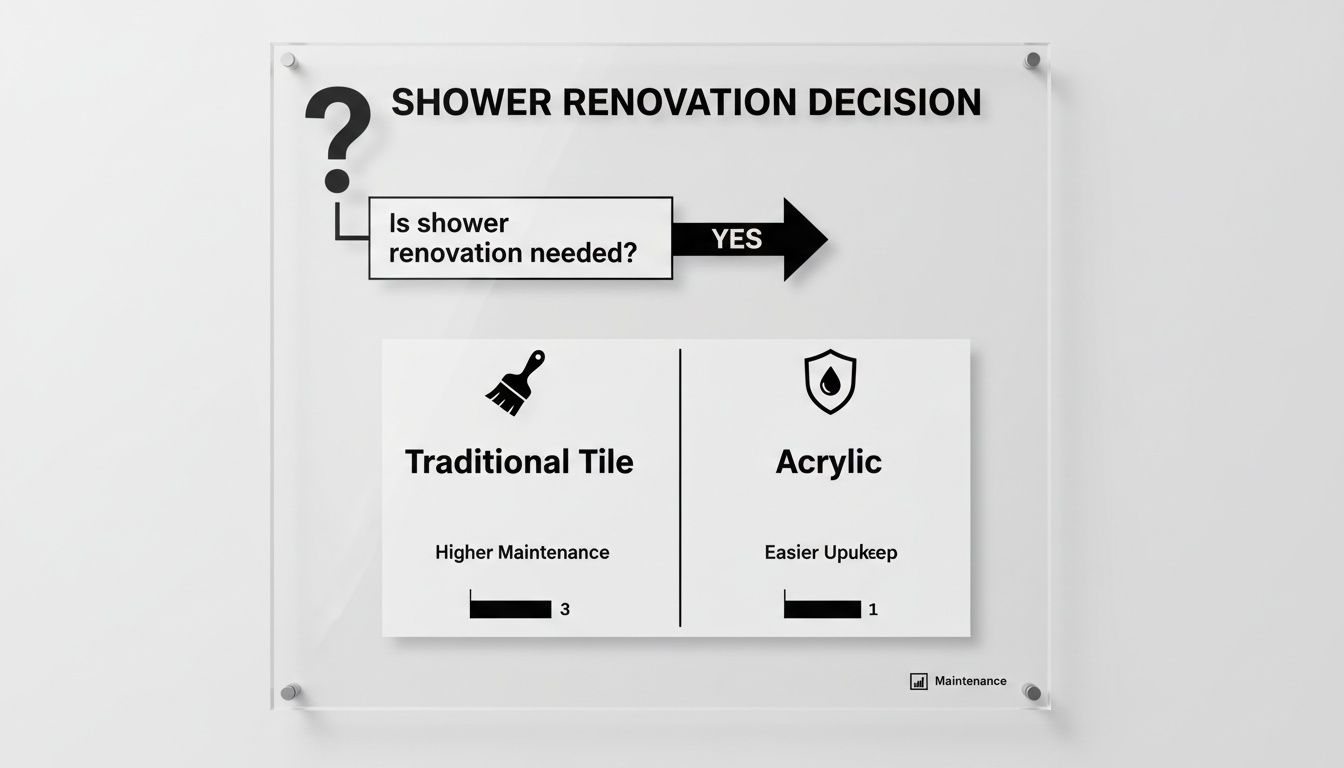A shower renovation decision chart showing options: Traditional Tile (higher maintenance) and Acrylic (easier upkeep).