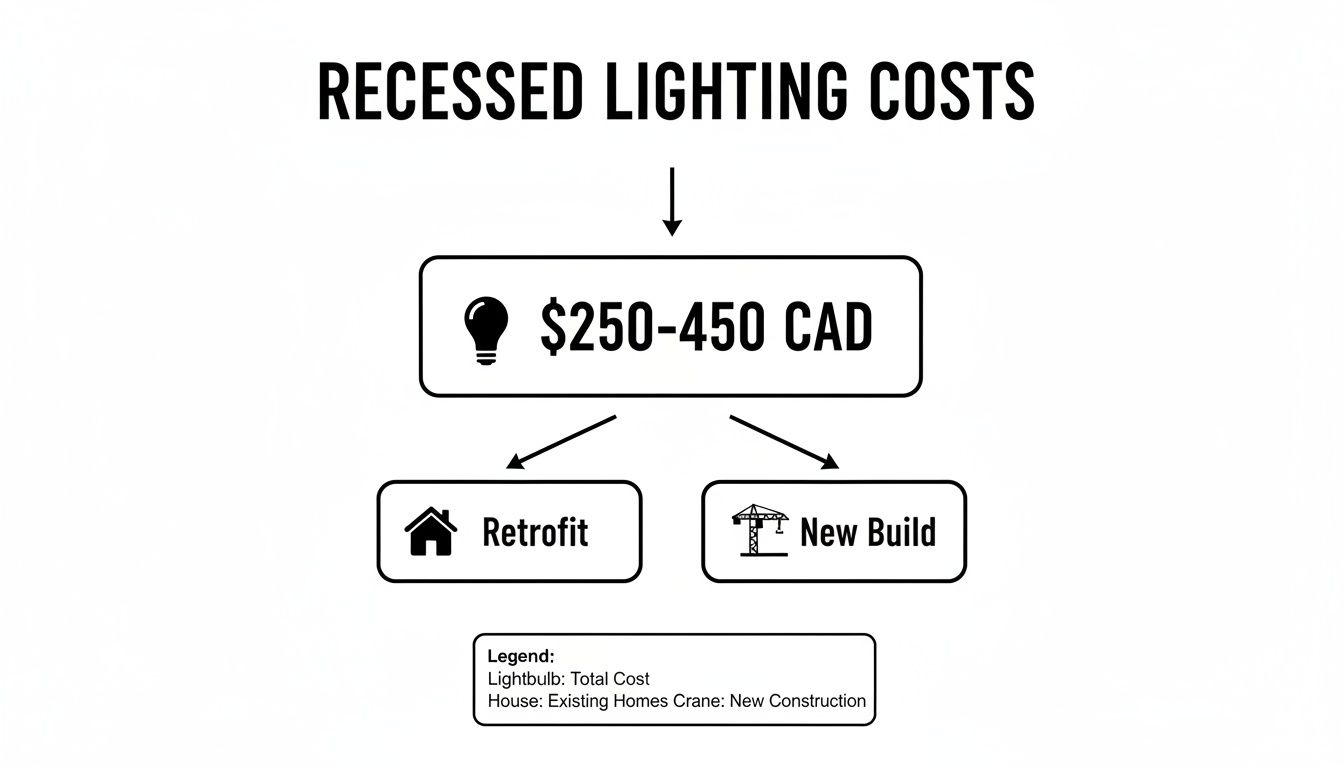 Flowchart details recessed lighting costs of $250-450 CAD, separated for retrofit and new build.