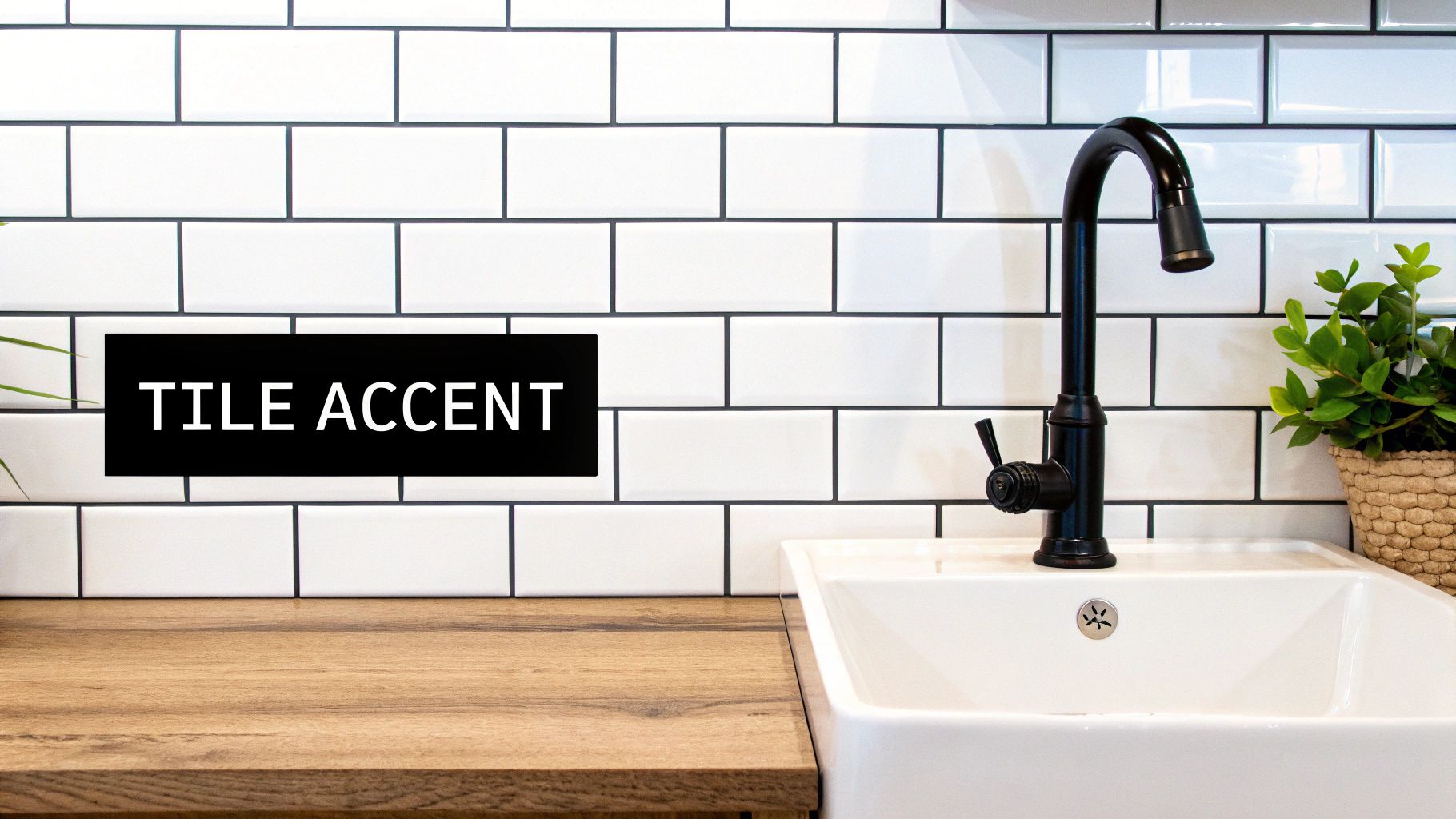 White subway tile backsplash with dark grout featuring bronze faucet and farmhouse sink in modern kitchen