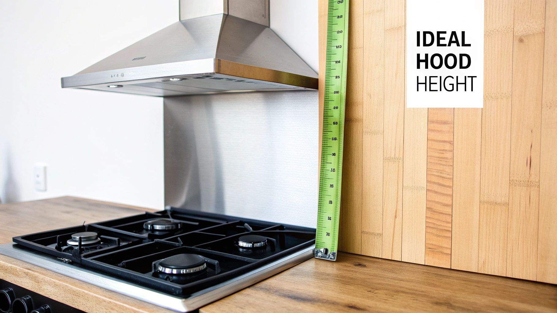 Gas cooktop with visible flames underneath a stainless steel range hood.