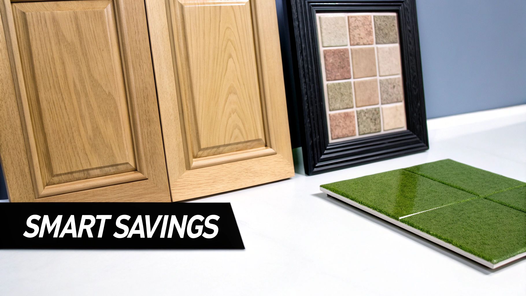 Kitchen remodel materials: light wood cabinet doors, a mosaic tile sample, and green accent tiles with a 'SMART SAVINGS' banner.