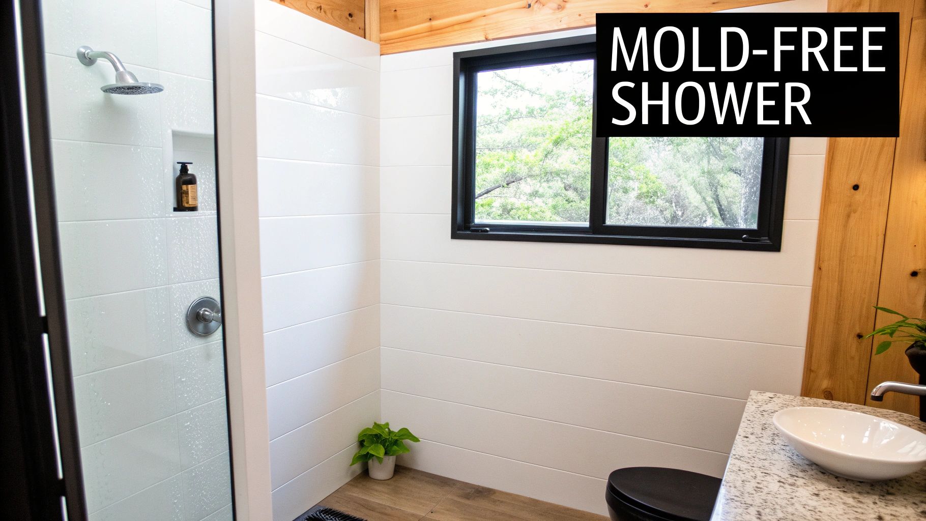 A modern bathroom featuring a mold-free shower with white walls, a window, and a granite vanity.