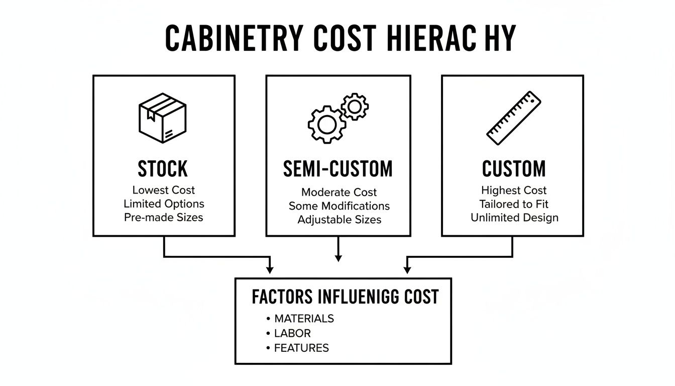 Cabinetry cost hierarchy diagram comparing stock, semi-custom, and custom options with influencing factors.