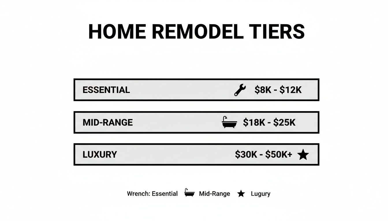 Home remodel tiers showing essential, mid-range, and luxury options with corresponding cost estimates.
