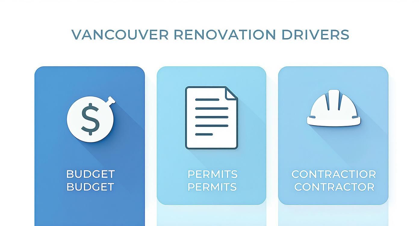 Infographic showing Vancouver renovation drivers: budget, permits, and contractor with associated icons.