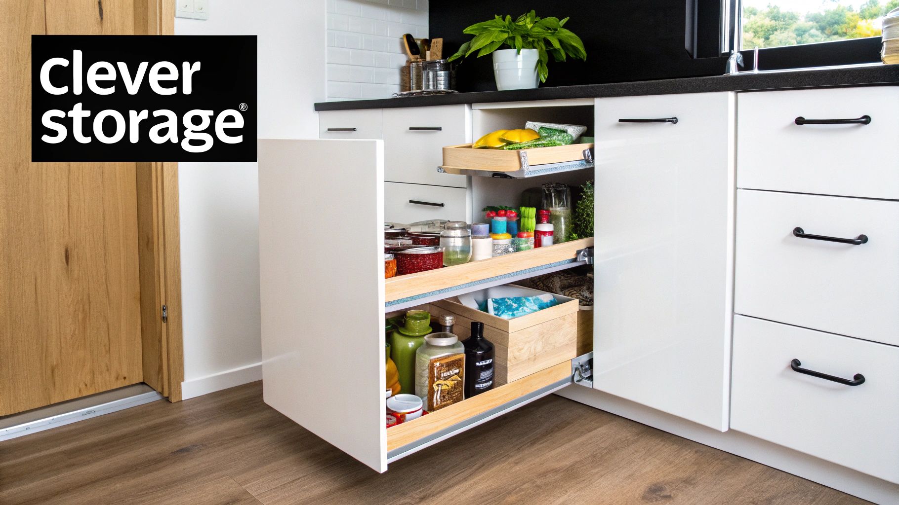A modern kitchen features a pull-out pantry cabinet with organized food, spices, and bottles.