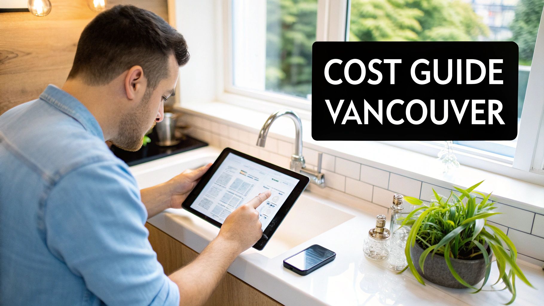 A man in a light blue shirt uses a tablet in a modern kitchen, with a 'Cost Guide Vancouver' sign.
