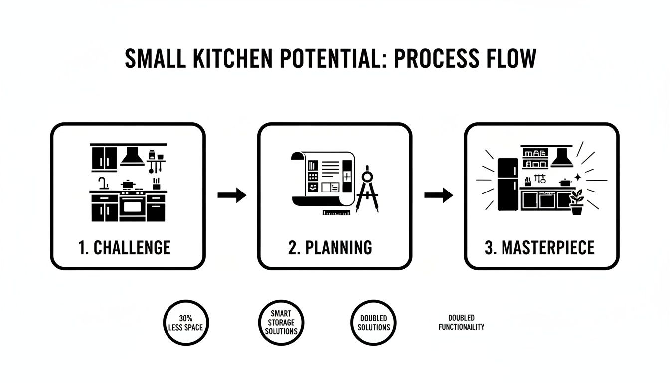 A diagram illustrating the three-step process for small kitchen transformation: challenge, planning, and masterpiece.
