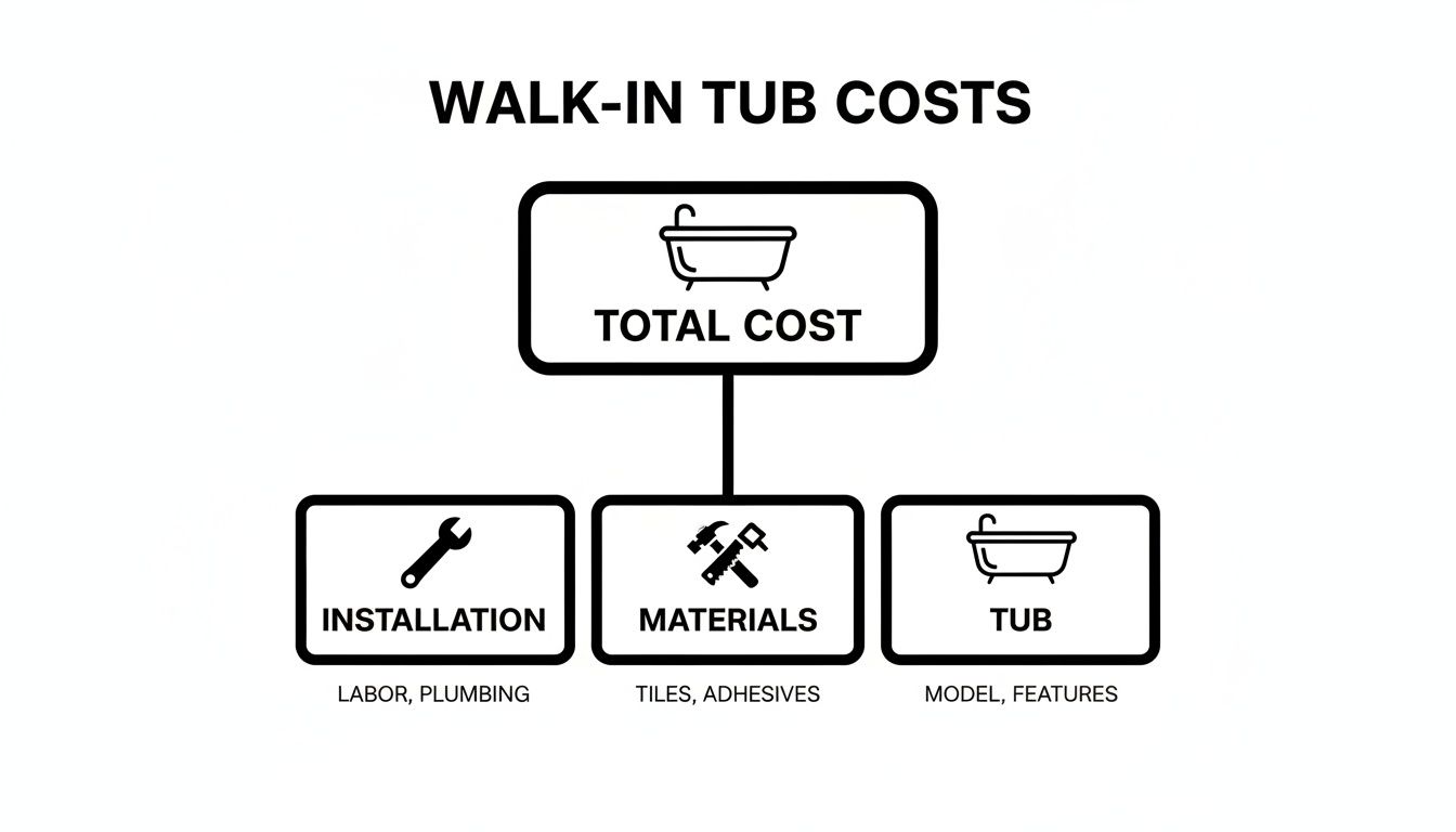 Diagram illustrating the breakdown of walk-in tub costs, including installation, materials, and the tub itself.