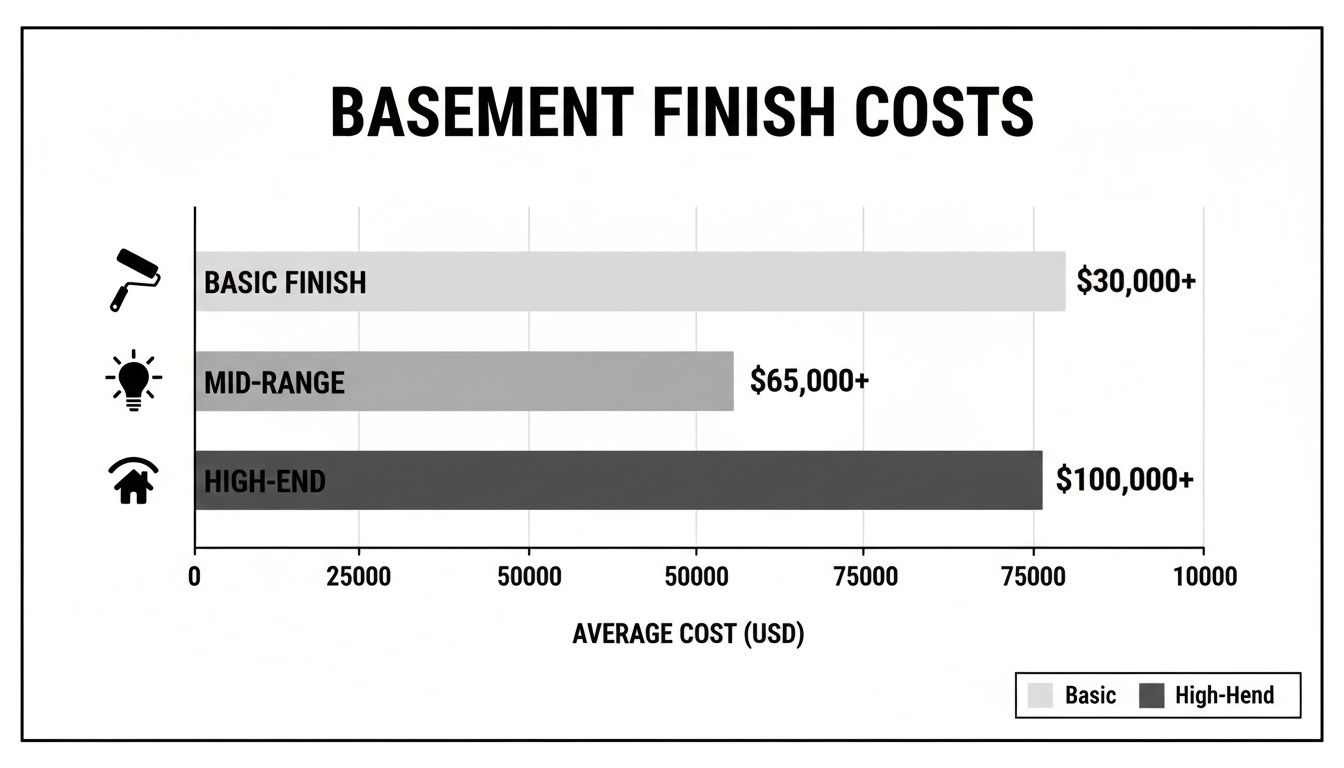 Horizontal bar chart illustrating estimated basement finishing costs across basic, mid-range, and high-end options.