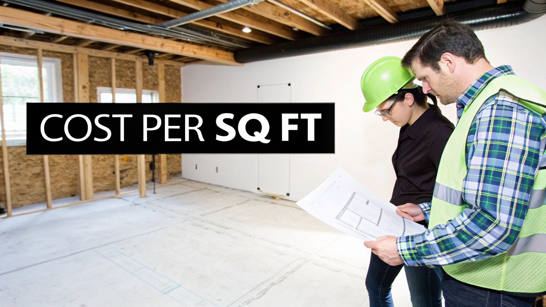 Two construction professionals examine blueprints in an unfinished basement with 'COST PER SQ FT' text.