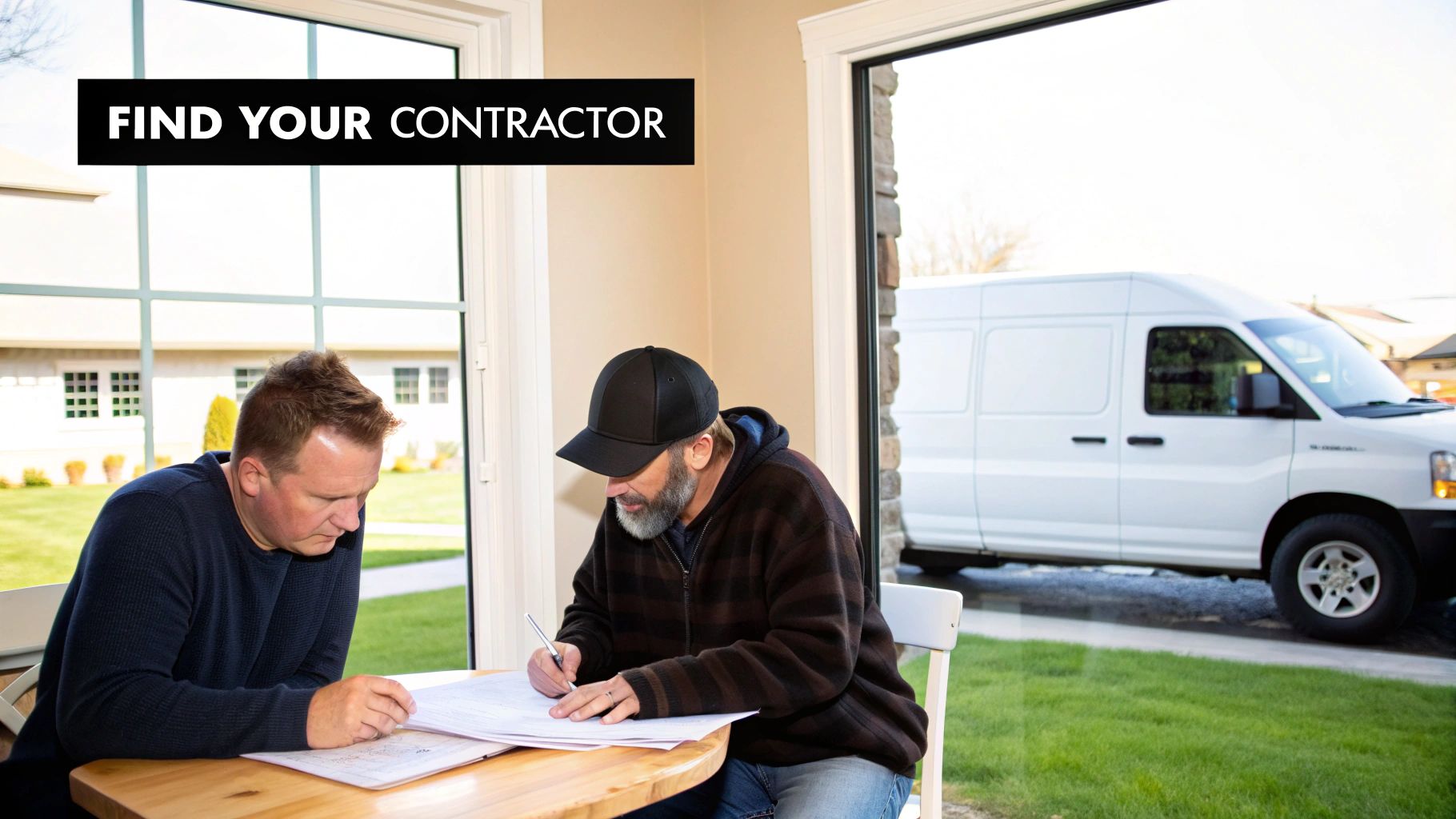 Two contractors review building plans at a table, with a work van visible outside.