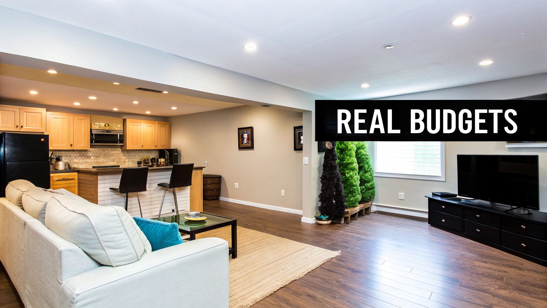 A modern open-concept basement featuring a comfortable living area with a sofa and a functional kitchenette.