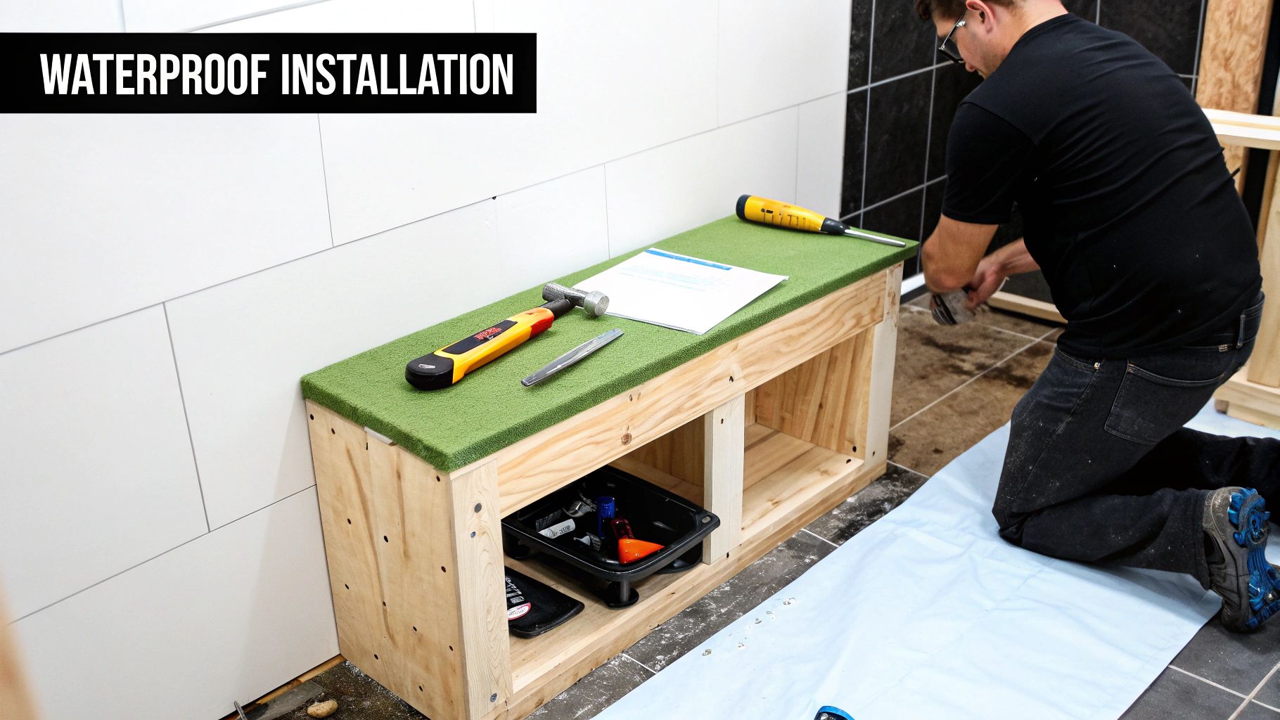 Man constructing a wooden bench for waterproof installation, with tools like a hammer and screwdriver.