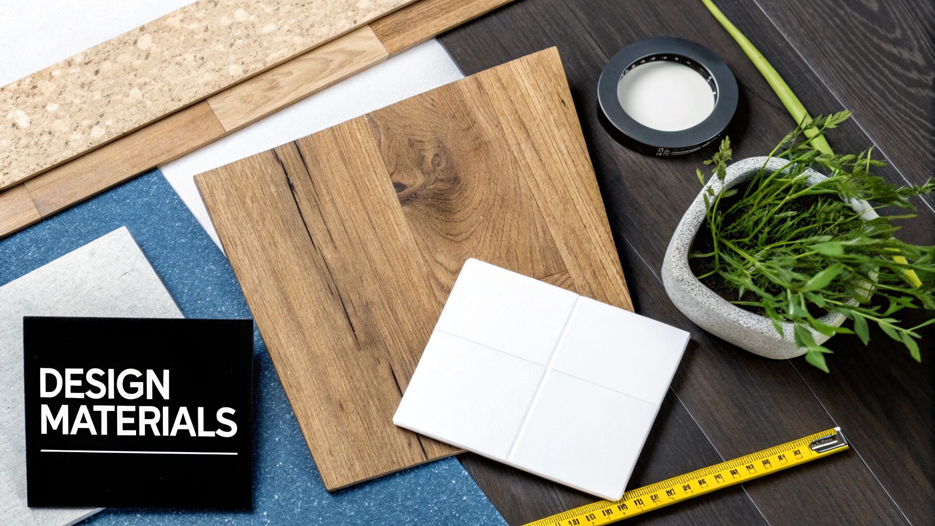 Overhead view of various interior design materials, including wood, tile, stone samples, a plant, and a measuring tape.
