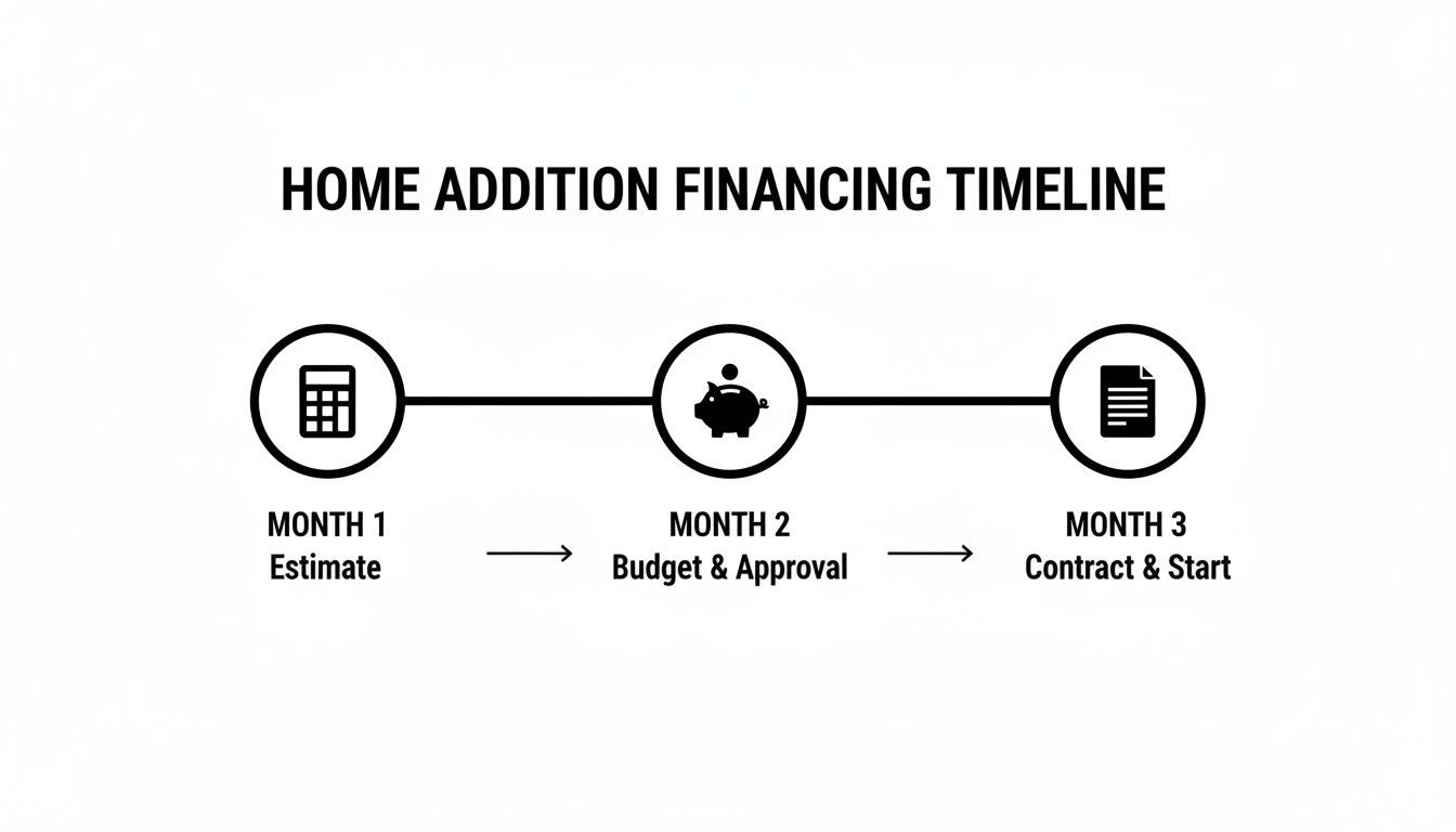 A home addition financing timeline showing three months: estimate, budget and approval, and contract.