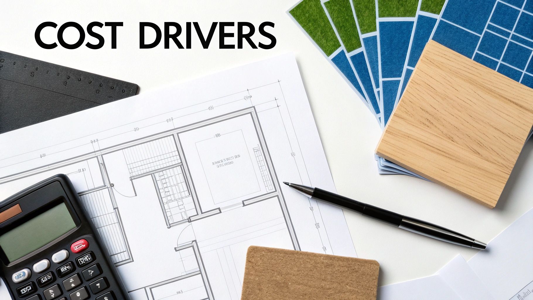 An overhead shot of an architectural blueprint, calculator, pen, and material samples with 'COST DRIVERS' text.