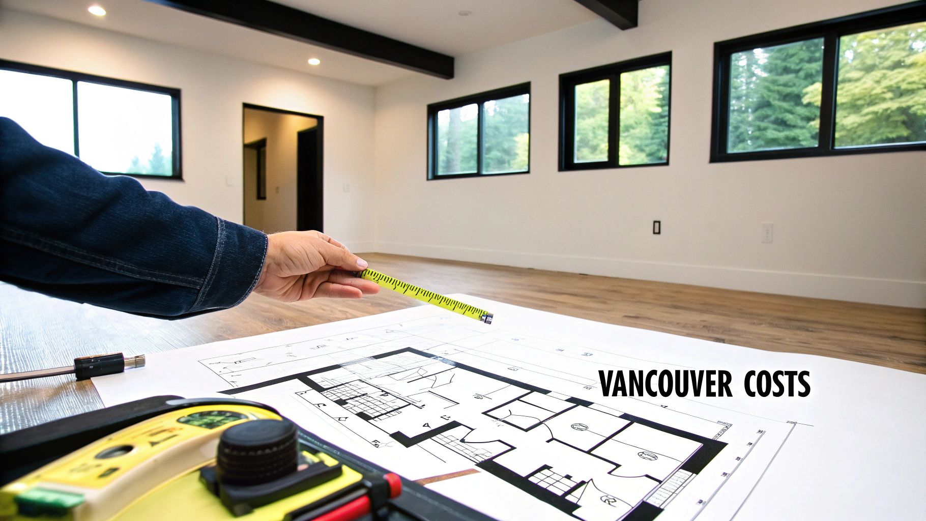 Hand measuring a blueprint for a modern home renovation project, with "Vancouver Costs" visible.