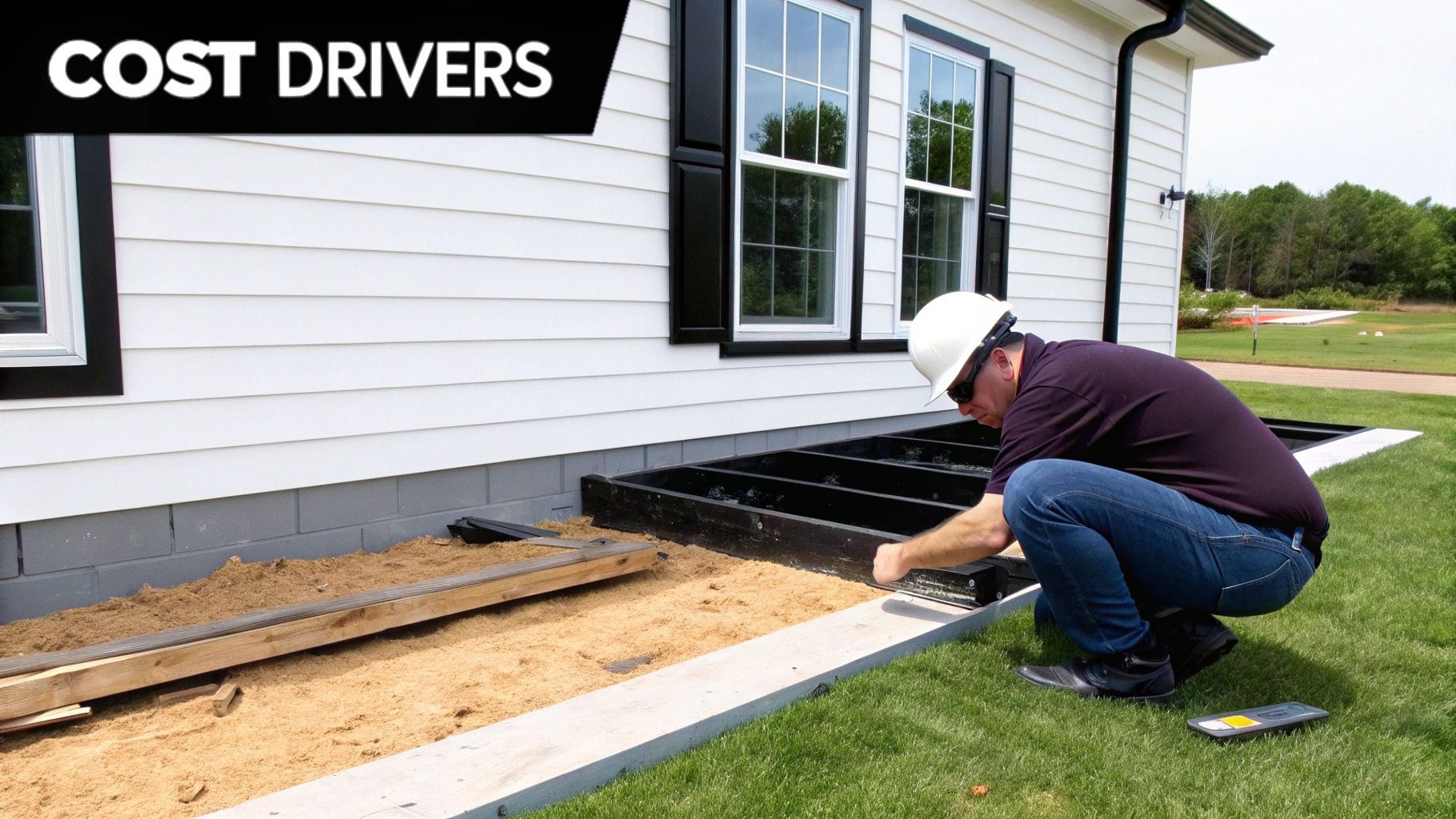 A construction worker in a hard hat builds a foundation for a home addition or deck.